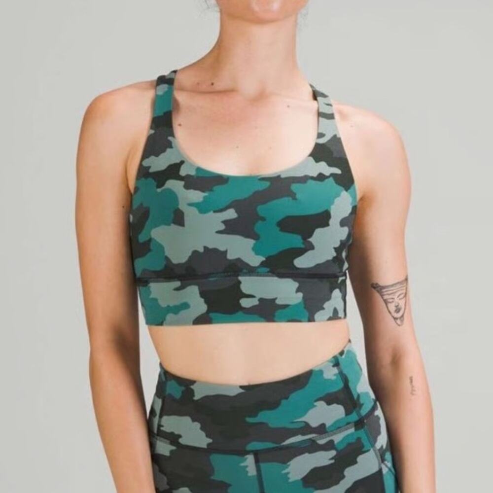 Lululemon Energy Longline Sports Bra Green Camo Size 8